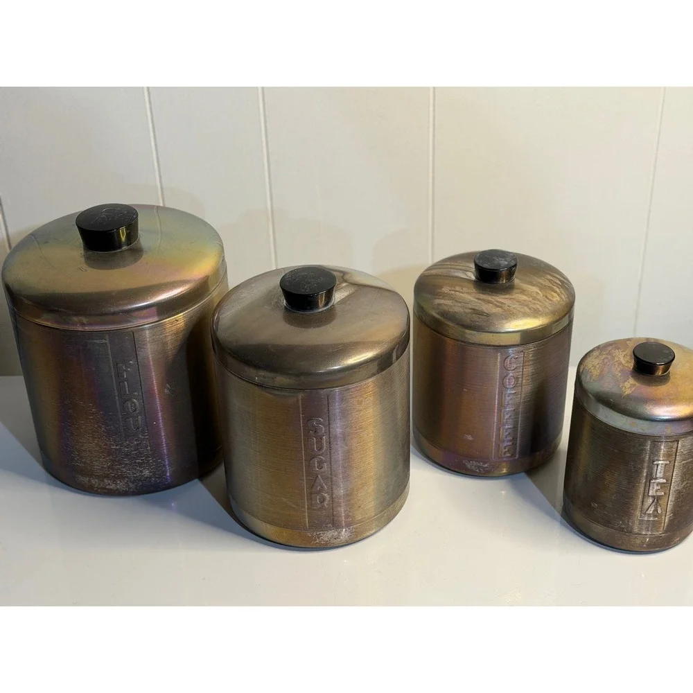VTG 1950s Mid Century Modern Aluminum Brushed Spun Ware Canister Kitchen Set 4pc